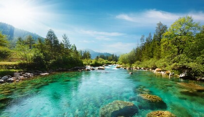 Wall Mural - picturesque river scene with clear water and vibrant nature