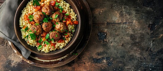 Aufkleber - A delicious and fresh meal featuring couscous with meatballs in vegetable sauce set on a rustic table with a top view copy space image ideal for keto or paleo diets