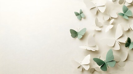 Wall Mural - Soft Delicate Floral Butterflies on Minimal White and Green Background