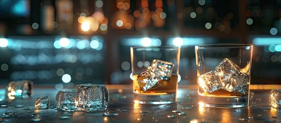 Poster - A bar setting showing two glasses with ice cubes ready for a refreshing beverage with copy space image