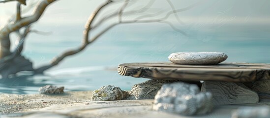 Canvas Print - Minimal abstract concept with a podium made of tree wood and stone on a realistic sandy beach background ideal for showcasing product designs with copy space image