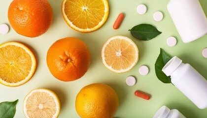 Poster - vitamin supplements with citrus fruits flat lay