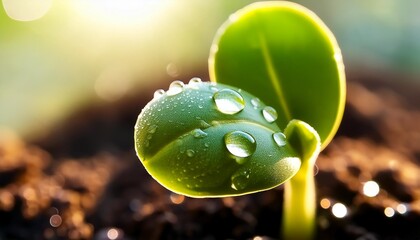 a beautiful macro closeup image of small green natural growing plant sprout bud with water drops on its leaves