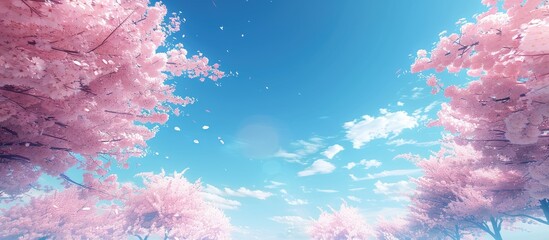 Poster - A beautiful wallpaper background featuring pink cherry blossom trees under a blue sky creating a serene copy space image