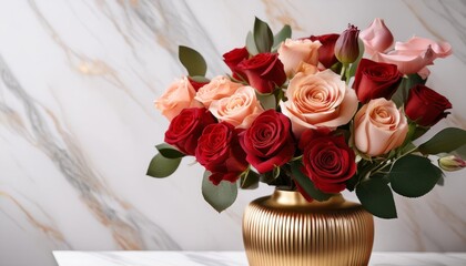 Canvas Print - red and peach rose arrangement in gold vase on marble