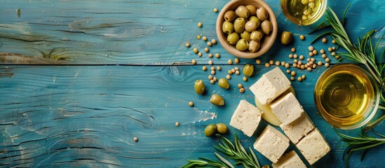 Aufkleber - Flat lay composition with appetizing tofu soybeans olives and rosemary arranged on a blue wooden surface providing room for text in a banner design with a copy space image