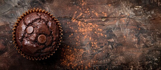 Poster - Chocolate muffin displayed on a rustic table with a background ideal for copy space image
