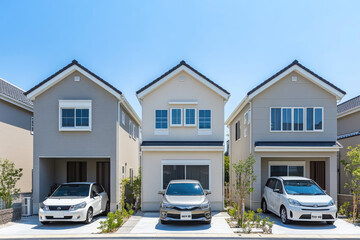 A two-story modern single family home in Japan, with white walls and light gray tiles on the roof