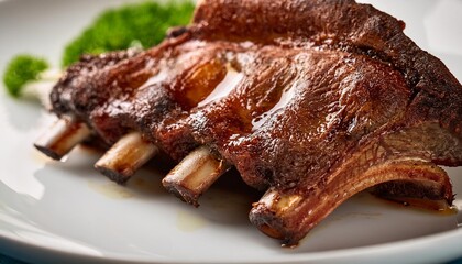 macro closeup of cooked brown meat with a fatty texture on a white platter with a roasted bone in beef short ribs no one is in there