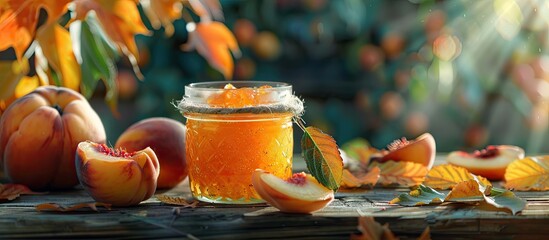 Poster - Autumn themed homemade peach jam in small jar with fruits on wooden table for fall preparations ideal for a copy space image