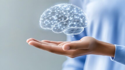 Poster - A hand reaches out towards a floating digital brain network, representing the intersection of technology and human intellect in a contemporary context