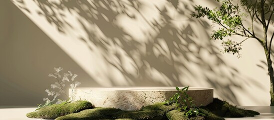 Canvas Print - Ideal for showcasing beauty products against a moss covered stone podium with a soft beige backdrop complemented by tree shadows offering ample space for text or images