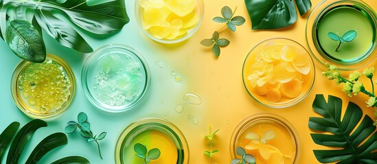 Poster - Colorful background hosts Petri dishes cosmetic gel samples and plants for bio science research biochemistry and organic skin care concept offering a copy space image