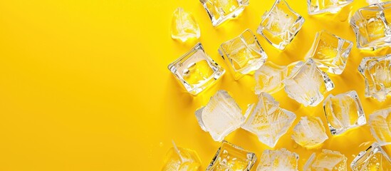 Poster - Yellow backdrop featuring transparent ice cubes perfect for text placement in a flat lay copy space image