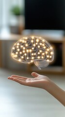 Poster - A hand reaches out towards a floating digital brain network, representing the intersection of technology and human intellect in a contemporary context