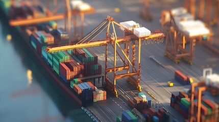 Wall Mural - Busy Container Port with Cranes Loading and Unloading Cargo Containers in the Shipping Logistics