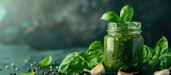 Poster - Fresh basil leaves and garlic are arranged around a glass jar of pesto sauce in a visually appealing composition with a designated copy space image