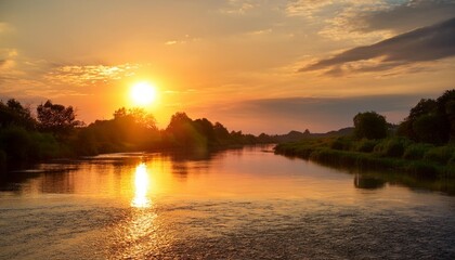 Poster - illustration of a picturesque sunset over a serene river generative ai