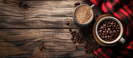 Poster - Coffee cups beans and red plaid fabric on a wooden surface with copy space image