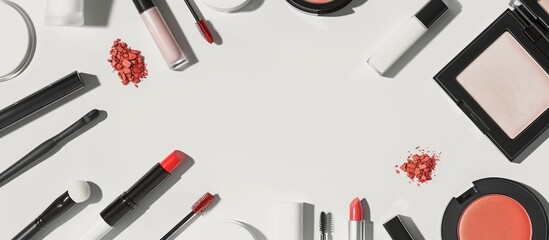 Poster - Top view of beauty products like lipstick eyeshadow and mascara arranged surrounding a white background providing an open space for additional images