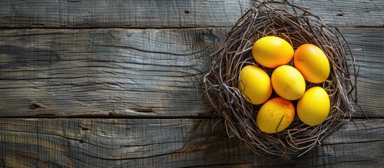 Aufkleber - Celebrate Easter with vibrant yellow eggs in a nest on a wooden table a creative top view decoration Enjoy the festive vibe with a copy space image