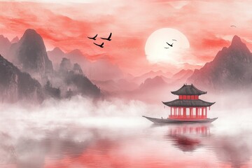 Traditional Chinese ink painting of a serene boat on a misty river with mountains and a red sky at sunrise