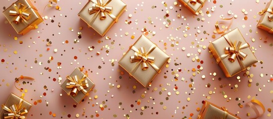 Aufkleber - Top view of golden gift boxes alongside confetti on a colorful backdrop with copy space image
