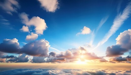 beautiful blue sky and white fluffy group of clouds with sunrise in the morning natural background