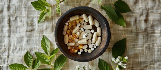Poster - Flat lay view from above showing alternative homeopathic remedies herbal supplements healthcare items and pills neatly arranged in a container with an opened protective membrane creating a copy space