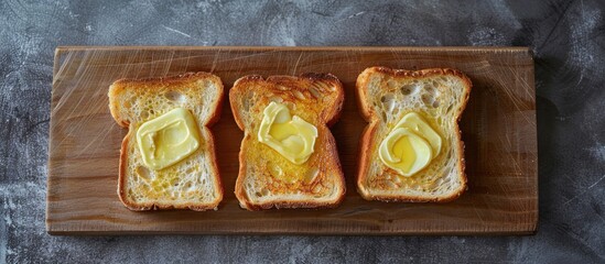 Aufkleber - Top down view of buttered toast slices on a wooden surface against a gray backdrop ample copy space image available