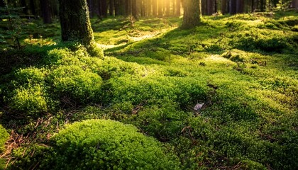 Poster - moss covered forest floor background generative ai