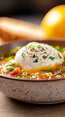 Wall Mural - Traditional Portuguese bread soup with a poached egg on top, served in a rustic ceramic bowl with fresh herbs and a slice of crusty bread