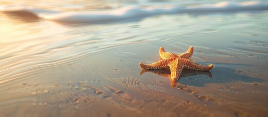 Poster - During low tide on the golden sandy beach a small starfish rests in the water creating a serene copy space image