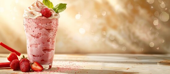 Aufkleber - Frozen creamy strawberry rhubarb milkshake with whipped cream rhubarb and strawberries on a copy space image
