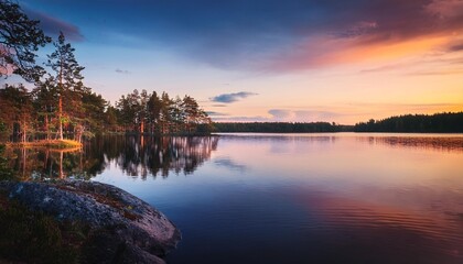 Wall Mural - serene lake scenery at dusk in finland