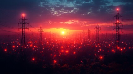 A vibrant sunset casts an orange glow over a cityscape featuring towering energy structures and glowing nodes.