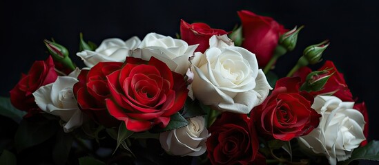 Poster - Vibrant red and white roses set against a black backdrop perfect for a copy space image