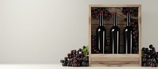 Poster - Wooden gift box with wine bottles on a white background featuring copy space image