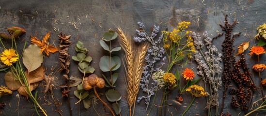 Poster - Folk art inspired pattern with dry herb leaves twigs grain and flowers perfect for a copy space image
