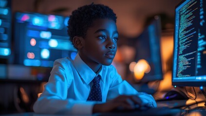 A young Black boy in a white shirt and tie is sitting at his computer, looking intently at the screen with blue light