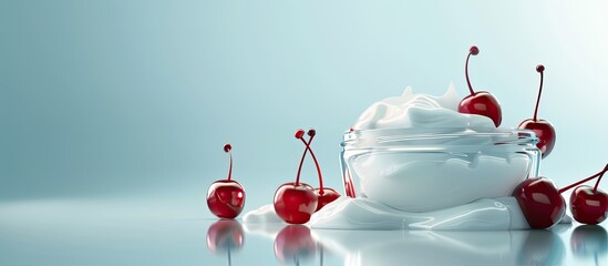 Poster - Close up of a glass container with lotion for body and face near spilled lotion featuring a red cherry with copy space image
