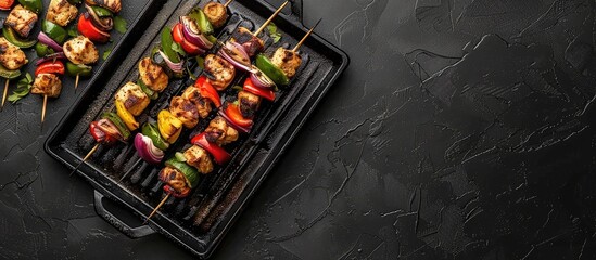 Poster - Chicken kebab skewers with grilled vegetables on a black metal tray viewed from above with space for text or other elements in the image. Creative banner. Copyspace image