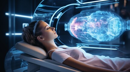 A woman is laying in a bed with a glowing brain in front of her