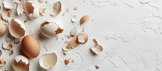 Poster - Cracked eggshells on a white backdrop with copy space image