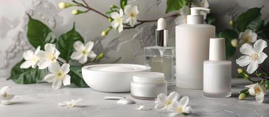 Poster - Closeup of cosmetic products with lovely jasmine flowers on a grey table providing ample copy space image