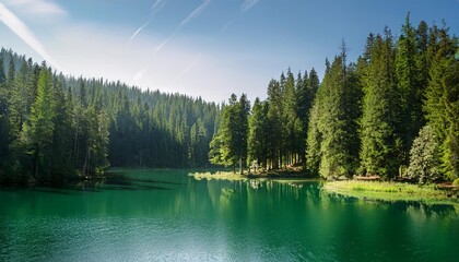 Poster - a forest teeming with numerous trees borders a centrally located lake amidst dense tree population