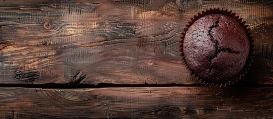 Sticker - Chocolate muffin displayed on a rustic table with a background ideal for copy space image