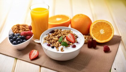 nutritious morning meal including yogurt granola fruits and orange juice