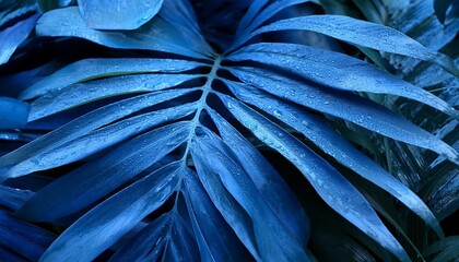 Sticker - wet fresh tropical blue leaves background