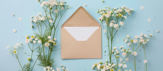 Aufkleber - White greeting card mockup with an envelope floral decorations on a blue pastel background and copy space image Featuring chamomile and gypsophila flowers for a creative touch